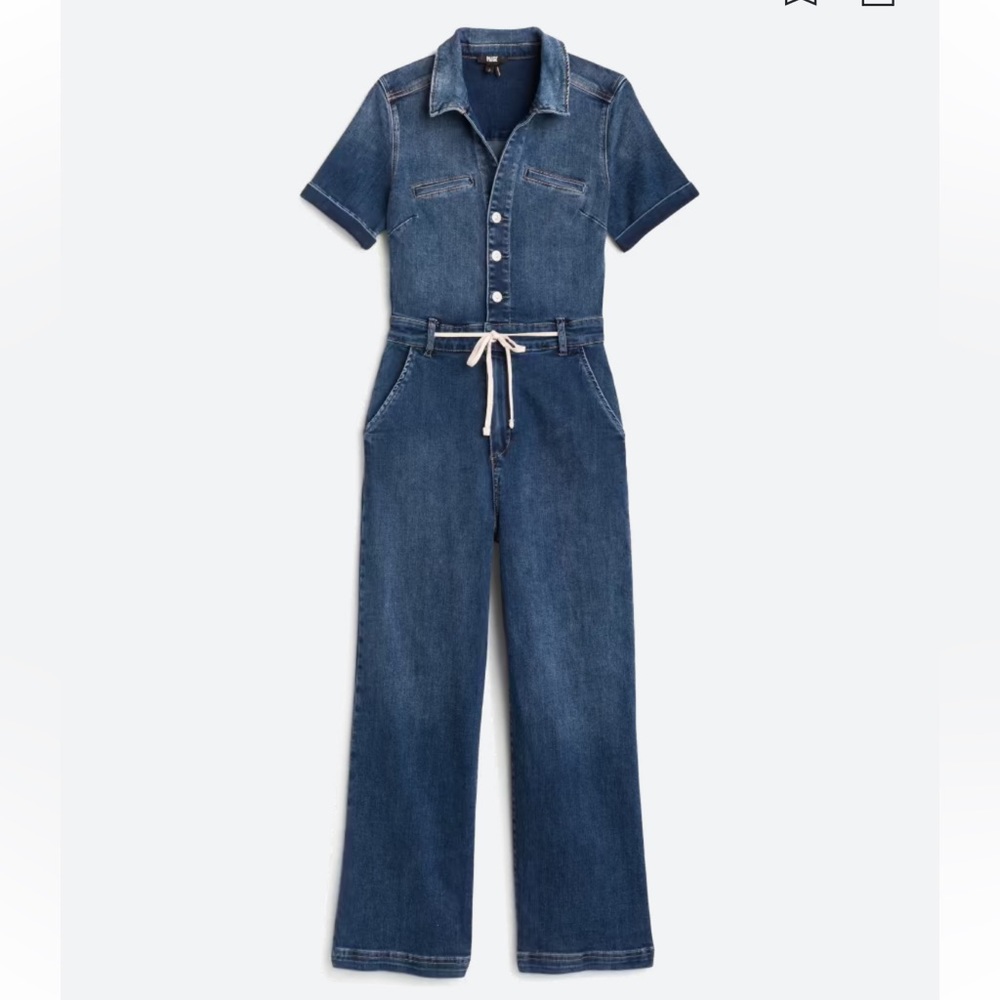Paige Short Sleeve Stretch Denim Collared Cropped Wide Leg Jumpsuit — Size 12